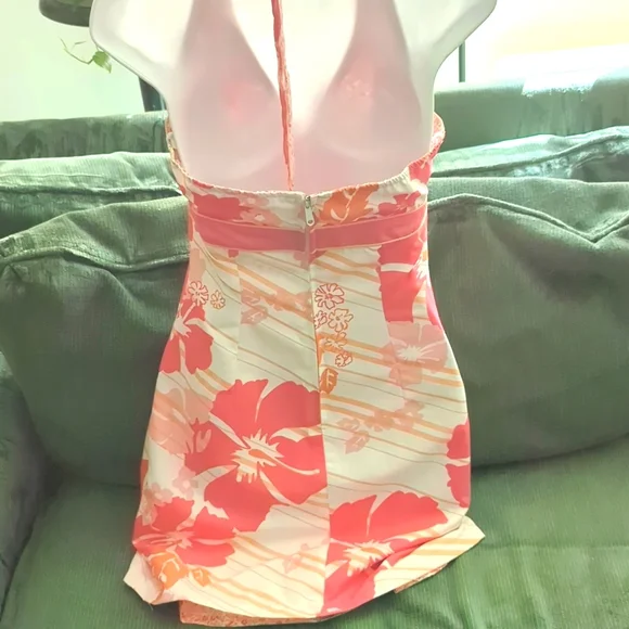 Pink & White Floral Reversible Halter Tie Mini Dress - Picture 3 of 5